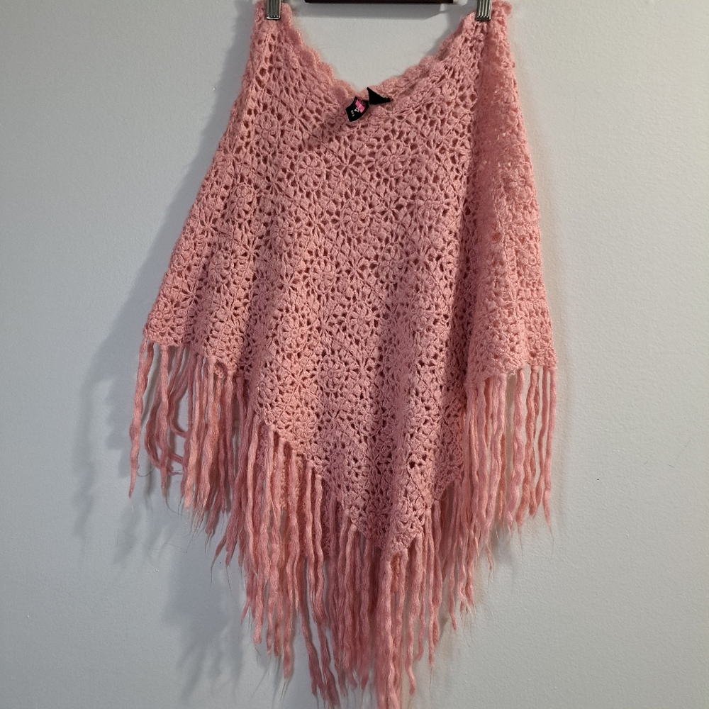 Say What? Blush Crochet Fringe Poncho